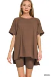 Truedames Full Size Brushed Dty Microfiber Round Neck Top And Biker Shorts Set Plus Size In Brown