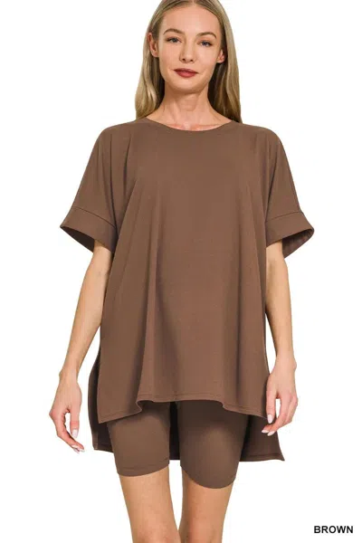 Truedames Full Size Brushed Dty Microfiber Round Neck Top And Biker Shorts Set Plus Size In Brown