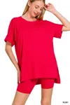 Truedames Full Size Brushed Dty Microfiber Round Neck Top And Biker Shorts Set Plus Size In Red