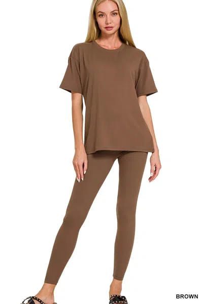 Truedames Full Size Brushed Dty Microfiber Short Sleeve Top And Pants Loungewear Set Plus Size In Brown