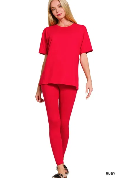 Truedames Full Size Brushed Dty Microfiber Short Sleeve Top And Pants Loungewear Set Plus Size In Red