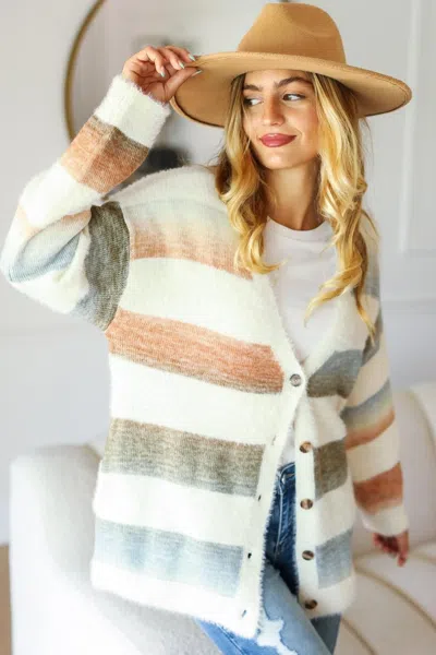Truedames Full Size Button Down Stripe Soft Fuzzy Sweater Cardigan In Beige