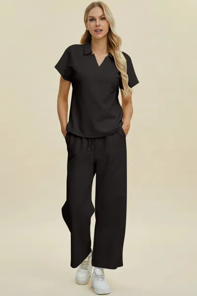 Truedames Full Size Collared Neck Short Sleeve Top And Pants Set In Black
