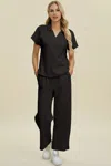 Truedames Full Size Collared Neck Short Sleeve Top And Pants Set In Black