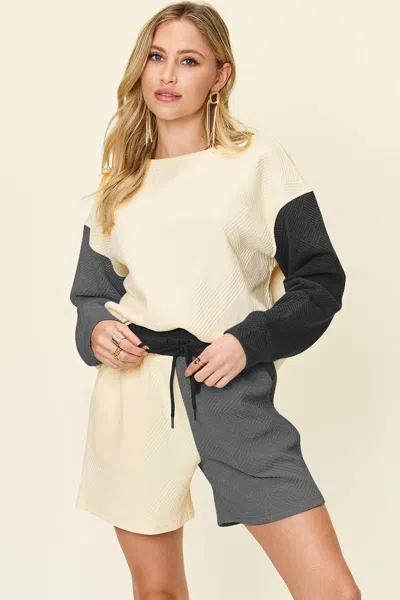 Truedames Full Size Contrast Drop Shoulder Top And Shorts Set In Black