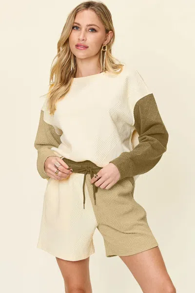 Truedames Full Size Contrast Drop Shoulder Top And Shorts Set In Gray