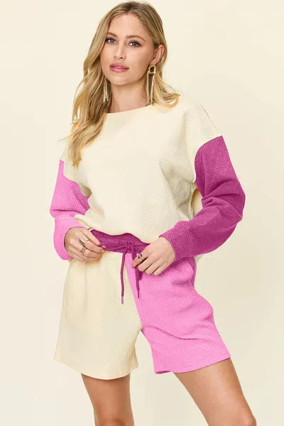 Truedames Full Size Contrast Drop Shoulder Top And Shorts Set In Multi