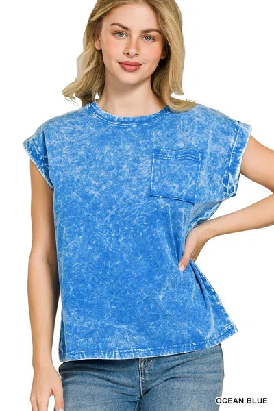 Truedames Full Size Crinkle Washed Round Neck Folded Short Sleeve Tee Plus Size In Blue