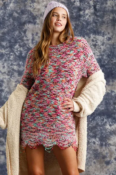Truedames Full Size Distressed Hem Multicolored Round Neck Knit Tunic Dress Plus Size