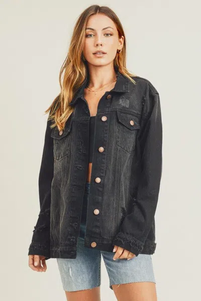 Truedames Full Size Distressed Long Sleeve Denim Jacket In Black