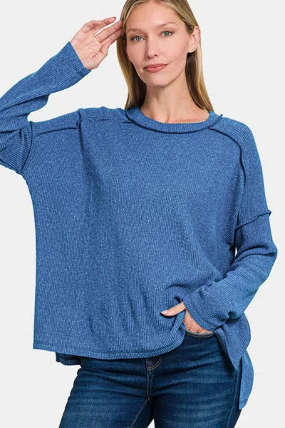 Truedames Full Size Exposed Seam Brushed Round Neck Sweater In Blue