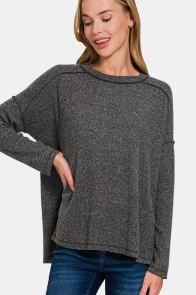 Truedames Full Size Exposed Seam Brushed Round Neck Sweater In Grey