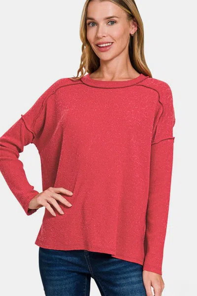 Truedames Full Size Exposed Seam Brushed Round Neck Sweater In Pink