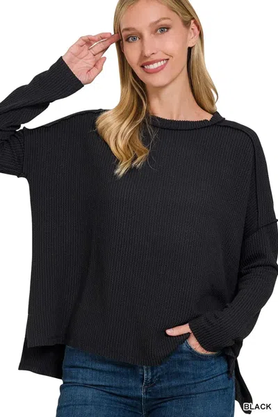 Truedames Full Size Exposed Seam Long Sleeve Corded Rib Knit Top Plus Size In Black