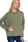 Truedames Full Size Exposed Seam Long Sleeve Corded Rib Knit Top Plus Size In Green