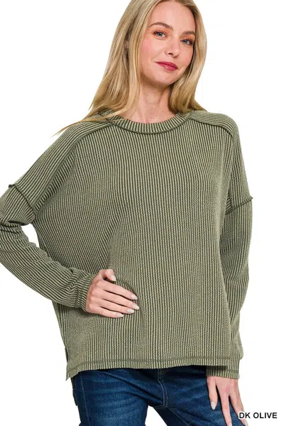 Truedames Full Size Exposed Seam Long Sleeve Corded Rib Knit Top Plus Size In Green