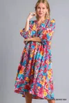 Truedames Full Size Floral Print Tie Neck Midi Dress With Pockets Plus Size In Multi