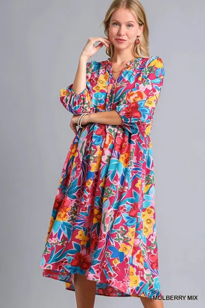 Truedames Full Size Floral Print Tie Neck Midi Dress With Pockets Plus Size In Multi