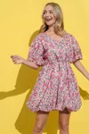Truedames Full Size Floral Surplice Puff Sleeve Dress In Multi