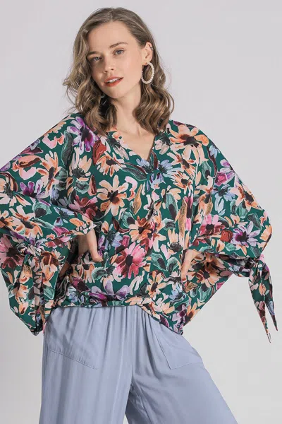 Truedames Full Size Floral V-neck Tie Sleeve Blouse Plus Size In Multi