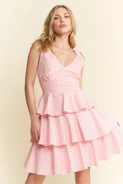 Truedames Full Size Gingham Tiered Mini Dress Plus Size In Pink