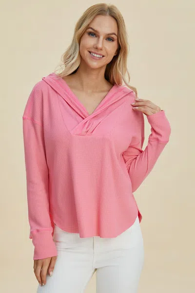 Truedames Full Size High-low Dropped Shoulder Long Sleeve Hoodie In Pink
