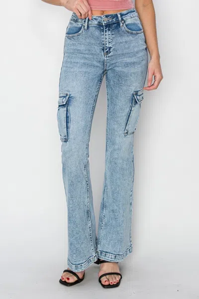 Truedames Full Size High Rise Cargo Flare Jeans In Blue