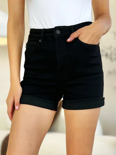 Truedames Full Size High Waist Tummy Control Cuffed Denim Shorts In Black
