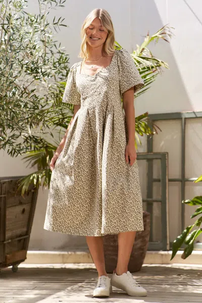 Truedames Full Size Leopard Print Bell Sleeve Midi Dress Plus Size In Gray