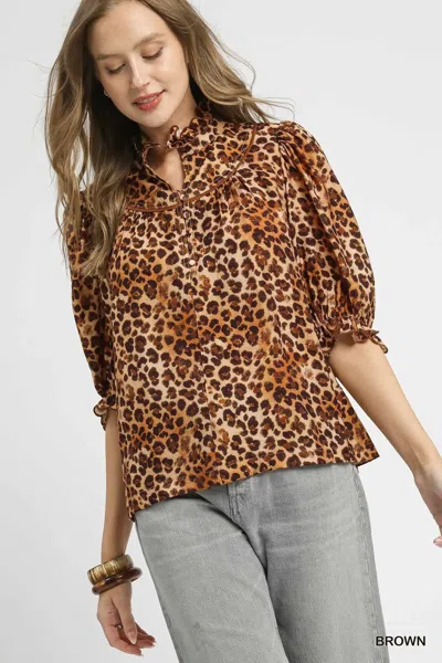 Truedames Full Size Leopard Print Ruffle Neck Blouse Plus Size In Brown