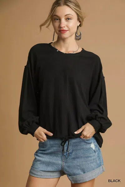 Truedames Full Size Linen Long Sleeve Top With Drawstring Plus Size In Black