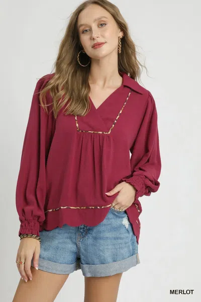 Truedames Full Size Linen Scallop Hem Blouse With Contrast Trim Plus Size In Red