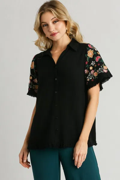 Truedames Full Size Linen Shirt With Embroidered Sleeves Plus Size In Black
