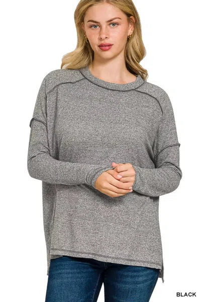 Truedames Full Size Melange Hacci Exposed Seam Hi-low Tee Plus Size In Gray
