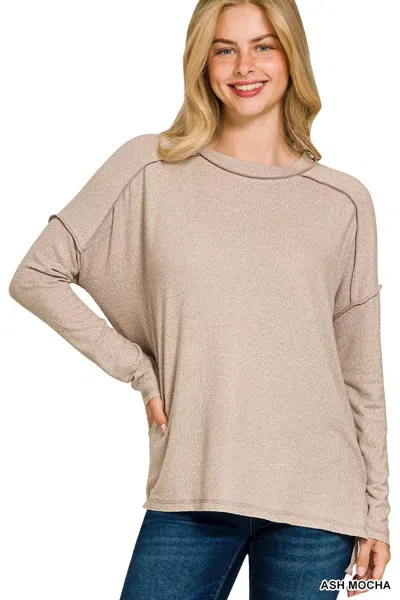 Truedames Full Size Melange Hacci Exposed Seam Hi-low Tee Plus Size In Neutral