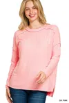 Truedames Full Size Melange Hacci Exposed Seam Hi-low Tee Plus Size In Pink