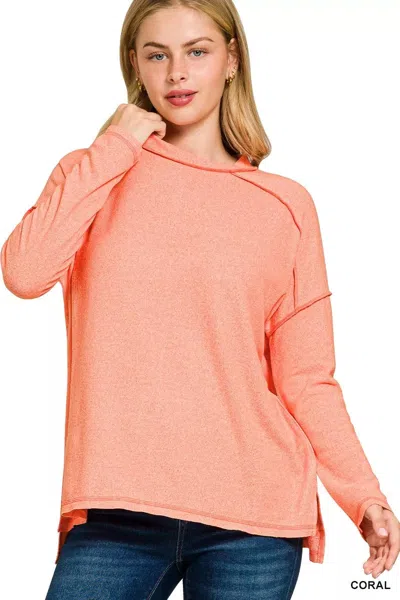 Truedames Full Size Melange Hacci Exposed Seam Hi-low Tee Plus Size In Pink