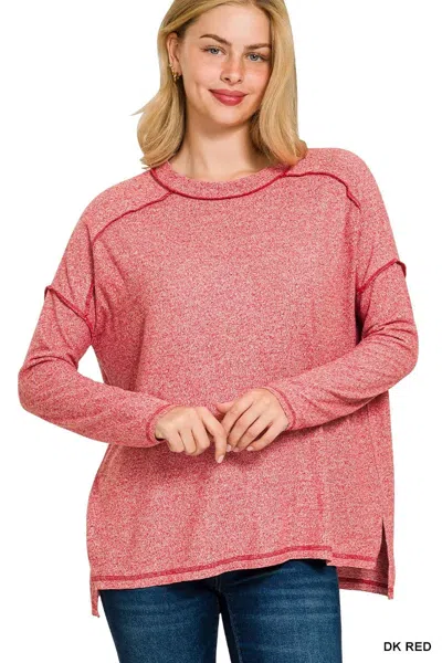 Truedames Full Size Melange Hacci Exposed Seam Hi-low Tee Plus Size In Pink