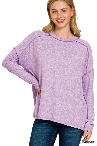 Truedames Full Size Melange Hacci Exposed Seam Hi-low Tee Plus Size In Purple