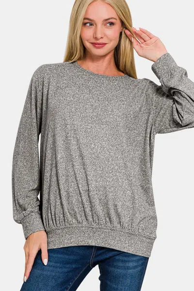 Truedames Full Size Melange Round Neck Top In Black