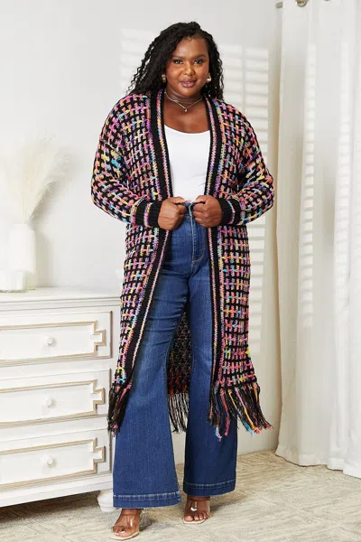Truedames Full Size Multicolored Open Front Fringe Hem Cardigan