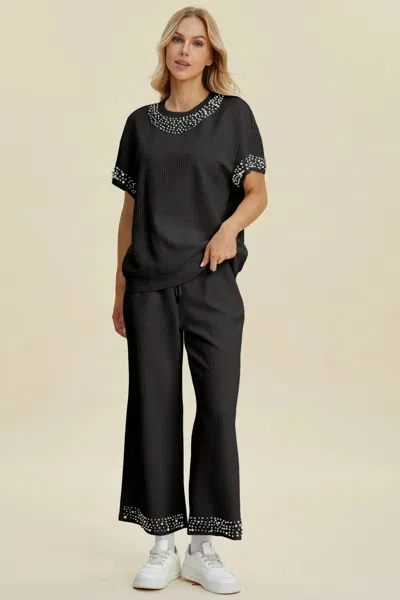 Truedames Full Size Pearl Detail Round Neck Top And Pants Set In Black
