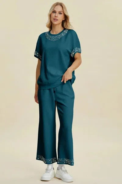 Truedames Full Size Pearl Detail Round Neck Top And Pants Set In Blue