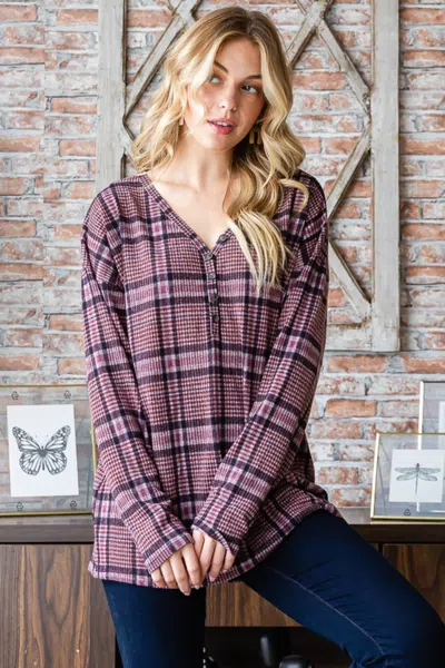 Truedames Full Size Plaid V-neck Long Sleeve Top In Multi
