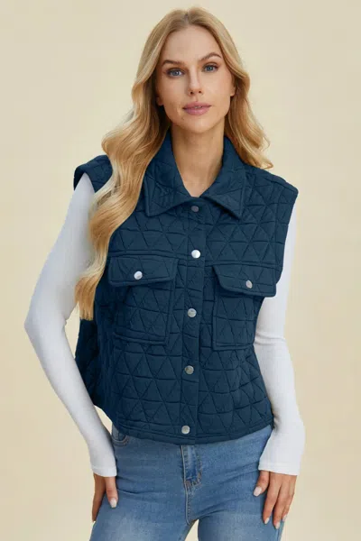 Truedames Full Size Pocketed Texture Snap Down Vest Coat In Blue