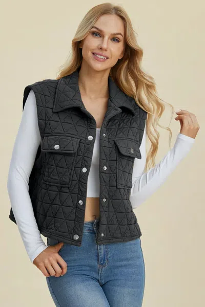 Truedames Full Size Pocketed Texture Snap Down Vest Coat In Grey