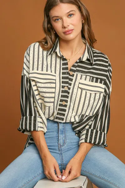 Truedames Full Size Pointelle Stripped Half Button Collared Neck Top Plus Size In Black
