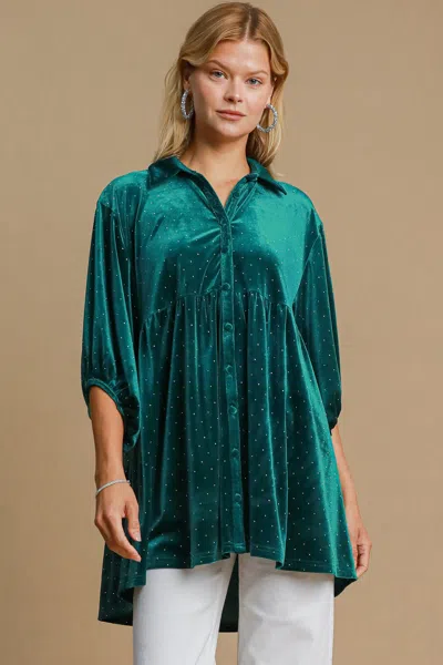 Truedames Full Size Polka Dot Collared Neck Button Up Shirt In Green