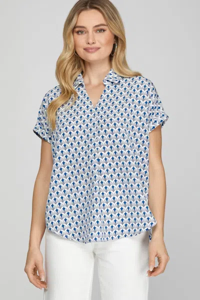 Truedames Full Size Printed Johnny Collar Short Sleeve Blouse Plus Size In White