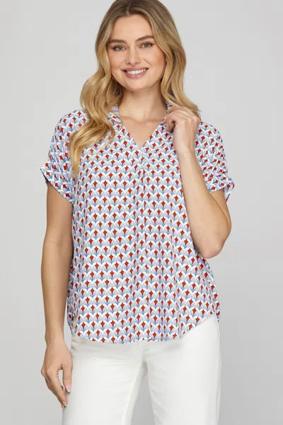 Truedames Full Size Printed Johnny Collar Short Sleeve Blouse Plus Size In White